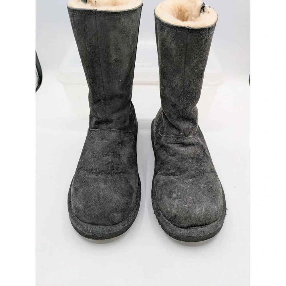 UGG Australia Boots Kids Size 4 Black Suede Shearling Zip Mid Calf Winter